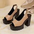 Elegant beige patent leather chunky platform sandals featuring a stylish peep-toe design - 35 / Khaki