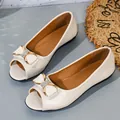 Elegant cream-colored peep-toe flat shoes with a sparkling rhinestone bow decoration - 35 / Off White