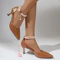 Detail view of brown pointed-toe high heels with 6.5cm heel and pearl ankle strap - Brown