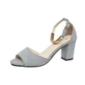 Eleganti sandali grigi con tacco largo, decori dorati e cinturino alla caviglia da donna. - 38 / Grigio