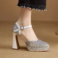 Elegant silver glitter chunky high heels featuring white ankle strap and platform - 34 / Silver
