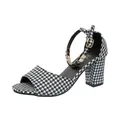 Sandali pied de poule con tacco largo e cinturino con dettagli in metallo oro - Pied-de-poule