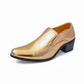 Fashionable glossy gold slip-on men's leather shoes with round toe and chunky Cuban heel for business - 38 / Gold