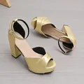 Elegant metallic gold chunky heel sandals with high platform and buckle ankle strap - 35 / Gold