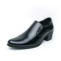 Sleek black shiny leather slip-on men's business casual shoes with a stylish Cuban heel - 38 / Black