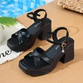 Black chunky high heel sandals with platform sole and ankle strap buckle - 35 / Black