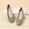 Close-up of elegant green ballet flats with gold metallic square toe and bow - 35 / Square Toe Ballet Flats (266-182) / Matcha and Gold