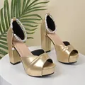 Elegant gold metallic high block heel sandals with platform and pearl ankle strap - 35 / Artificial Pearl Strap Style / Gold