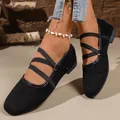 Elegant black Mary Jane ballet flats with elastic cross straps for women's daily wear - 36 / Black