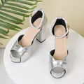 Elegant silver platform sandals featuring chunky high heels and pearl ankle straps - 35 / Silver Pearl