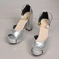 Silver platform block heel sandals with gold and pearl bead ankle strap - 35 / Silver (Metallic Ring & Pearl)