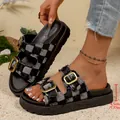 Detailed view of stylish checkered platform slides with 4.5cm heel height marker - Denim Black