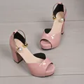 Elegant pink patent leather platform sandals with pearl ankle strap and chunky heels - 35 / Pearl Metal Ring Strap Style / Pink