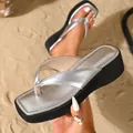 Women's thick-sole square-toe flip-flops in metallic silver finish - 35 / Silver
