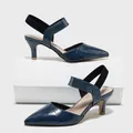 Élégantes sandales slingback bleu marine à talons aiguilles et motif à carreaux embossé - 35 / Sandales à Bout Pointu Bride Unique (658-Q51) / Bleu marine