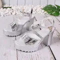 Silver metallic platform sandals with chunky heels and crystal-embellished ankle straps - Silver