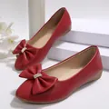 Elegant red slip-on ballet flats with sparkling rhinestone bow detail for women. - 36 / Red