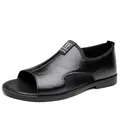 Sandalias de cuero negro transpirables para hombre con diseño de punta abierta para verano - 38 / Negro