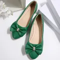 Elegant green women's pointed-toe ballet flats featuring a rhinestone bow tie design - Green