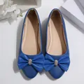 Elegant blue pointed-toe ballet flats for women with a large rhinestone bow detail - Blue