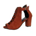 Women's brown suede chunky heel peep toe cut-out bootie sandals with buckle - 34 / Caramel