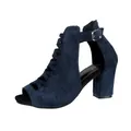 Elegant navy blue faux suede peep toe cutout sandals with chunky heel and buckle strap - 34 / Blue