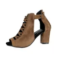 Elegant brown suede peep-toe cutout ankle booties with chunky high heel and buckle - 34 / Khaki