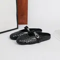 Elegant black woven round toe flat mule sandals with an adjustable buckle strap - 36 / Black