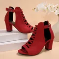 Red suede cutout peep-toe sandals with chunky heels and buckle straps for women - 38 / Peep Toe Cut-out Chunky Heel Style / Red