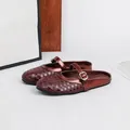 Elegant metallic burgundy woven closed-toe flat mule slippers for women with buckle strap - 36 / Burgundy