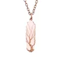 Close-up detail of handmade copper wire wrapped rose quartz crystal tree of life necklace - Rose Quartz