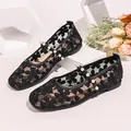 Elegant black lace floral ballet flats with decorative pearl Mary Jane straps for women. - 36 / Black