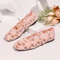 Elegant pink floral lace ballet flats featuring a pearl-decorated strap for women - 36 / Pink