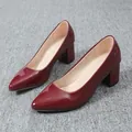 Elegant wine red patent leather pointed toe pumps with comfortable block heels - 35 / Pointed Toe Block Heel Style (p001) / Burgundy
