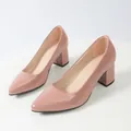 Elegant nude pink patent leather pointed toe block heel pumps for office and banquet. - 35 / Pointed Toe Block Heel Style (p001) / Pink
