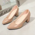 Elegant nude patent leather pointed toe pumps with stable chunky heels for work - Apricot