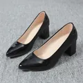 Elegant black patent leather pointed-toe pumps featuring a stable chunky high heel - Glossy Black