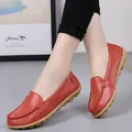Women's comfortable red soft leather slip-on loafers with durable tan rubber soles - 35 / Red