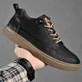 Men's black soft leather casual sneaker with textured brown sole and lace-up design. - 38 / Flat Style (QF2016) / Black