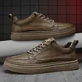 Brown handmade soft leather casual men's shoes with comfortable thick non-slip sole - 38 / Flat Style (QF2016) / Khaki