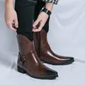 Bottes de cowboy western marron pour hommes avec bout pointu et sangle à boucle - 38 / Marron
