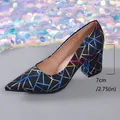 Elegant black block heel pumps featuring a vibrant colorful geometric glitter pattern - 36 / Black