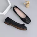 Elegant black lace mesh ballet flats with square toe and bow detail decoration on gray surface - 35 / Black