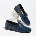 Elegant women's retro British style loafers featuring blue crocodile pattern and silver buckle - 35 / Navy Blue
