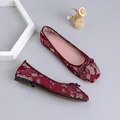 Elegant burgundy lace ballet flats featuring a delicate bow and square toe design - 35 / Burgundy