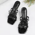 Elegantes sandalias negras de tacón alto con lazos múltiples y punta cuadrada de moda. - 38 / Negro