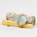 Natural white sage bundle tied with palo santo stick and blue crystal raw stone - Opal Stone Set