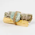 Natural white sage smudge bundle with Palo Santo wood and green raw crystal gemstone set - Aventurine Stone Set