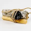 Authentic white sage and palo santo smudge bundle kit with raw black crystal stone - Obsidian Set