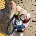Handmade cute black resin penguin figurine keychain with braided leather strap and gold ring - Resin Penguin with PU Strap / Black